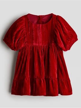 H&M Red Velvet Puff-Sleeve Dress